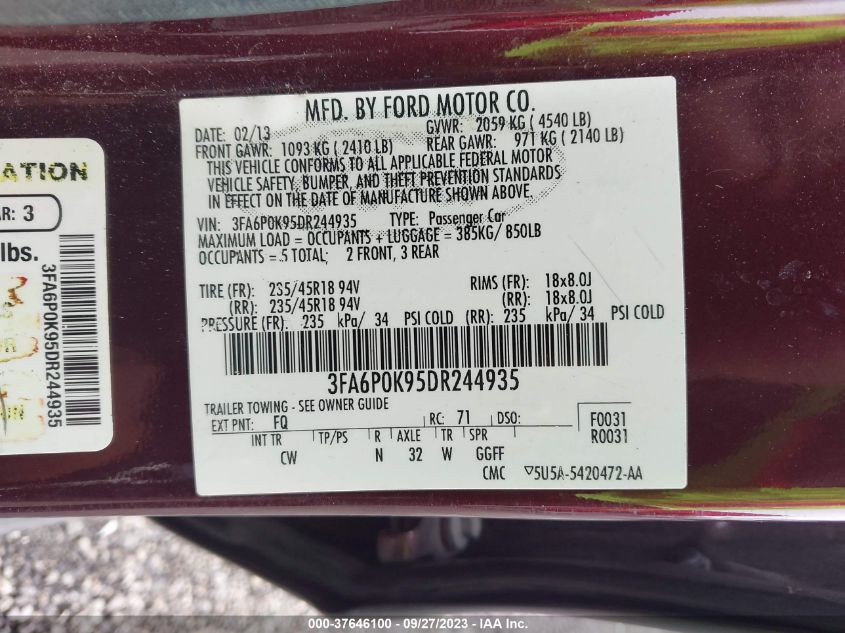 2013 FORD FUSION TITANIUM - 3FA6P0K95DR244935