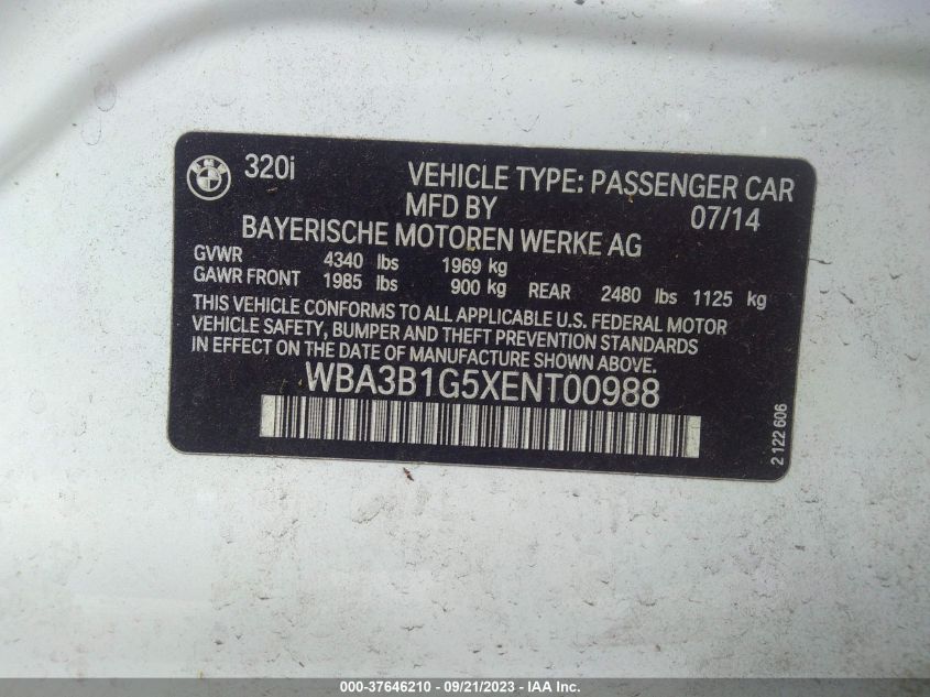 2014 BMW 320I WBA3B1G5XENT00988