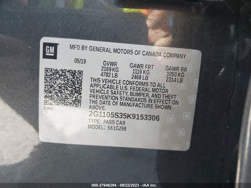 2019 CHEVROLET IMPALA PREMIER - 2G1105S35K9153306