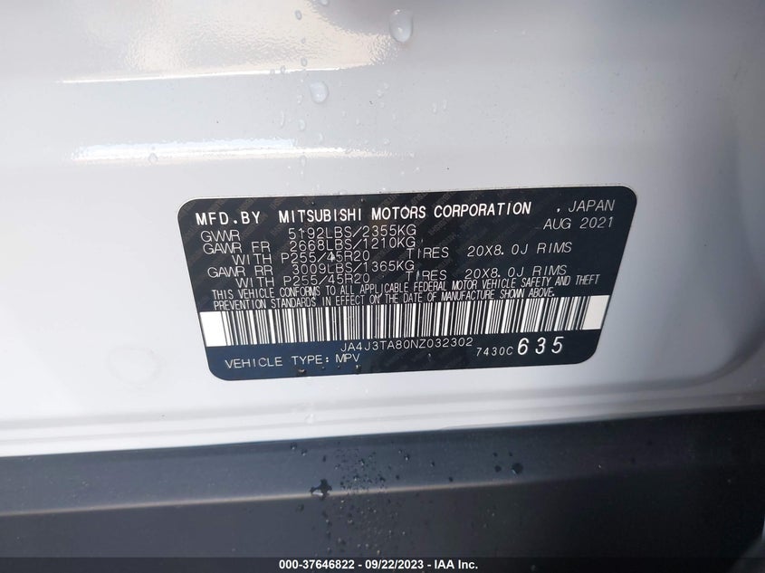 VIN JA4J3TA80NZ032302 2022 MITSUBISHI OUTLANDER ES