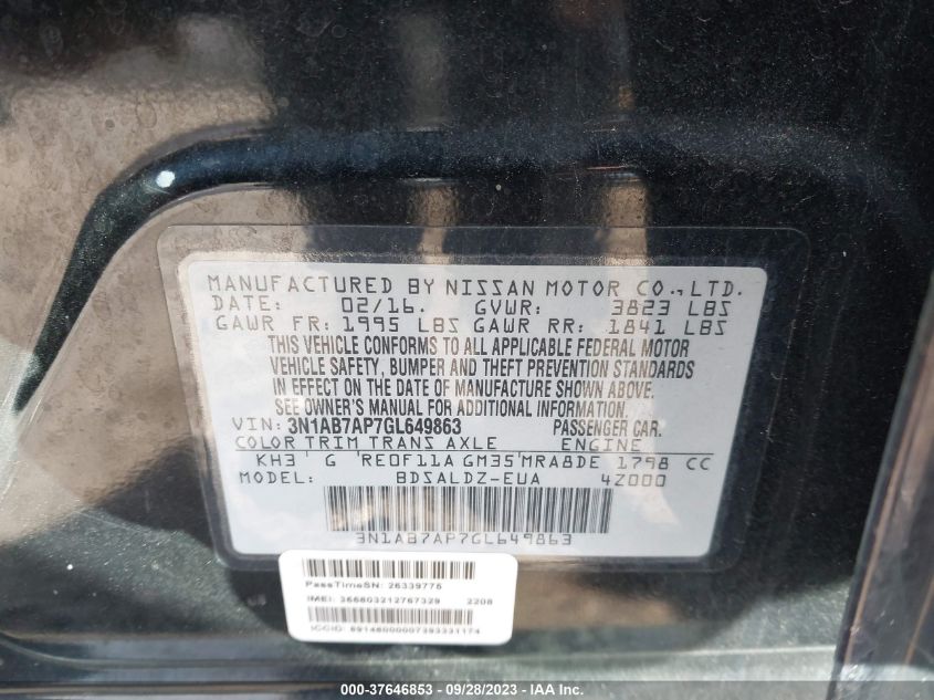 2016 NISSAN SENTRA SR/SL/S/SV/FE+ S - 3N1AB7AP7GL649863