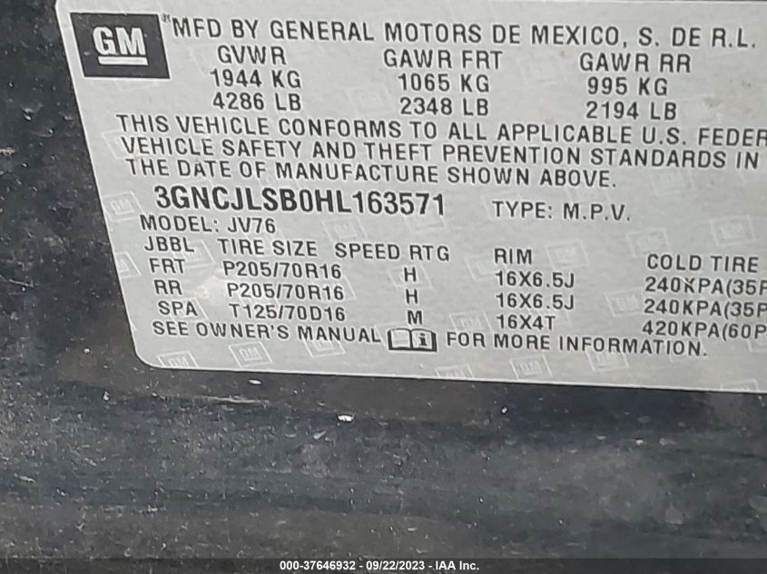 2017 CHEVROLET TRAX LT - 3GNCJLSB0HL163571