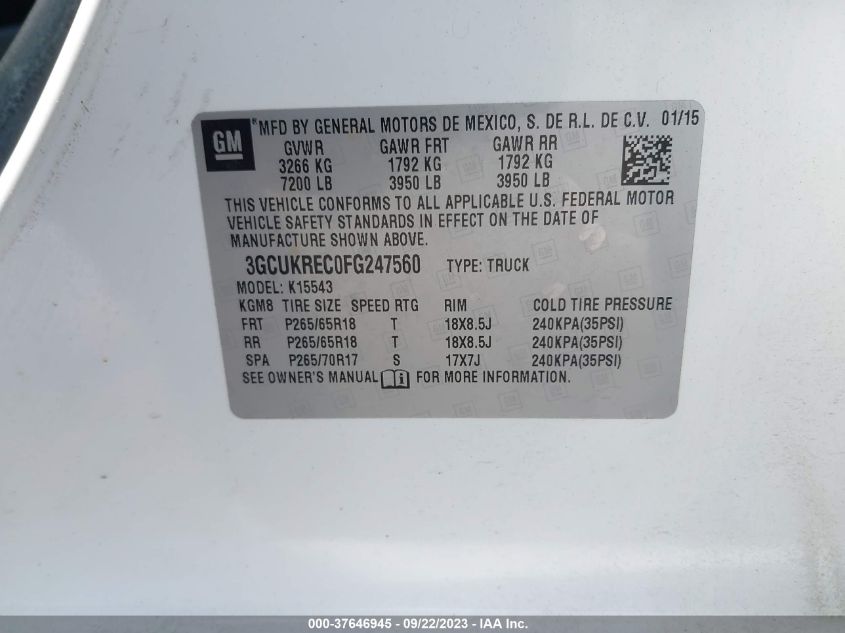 2015 CHEVROLET SILVERADO 1500 LT - 3GCUKREC0FG247560