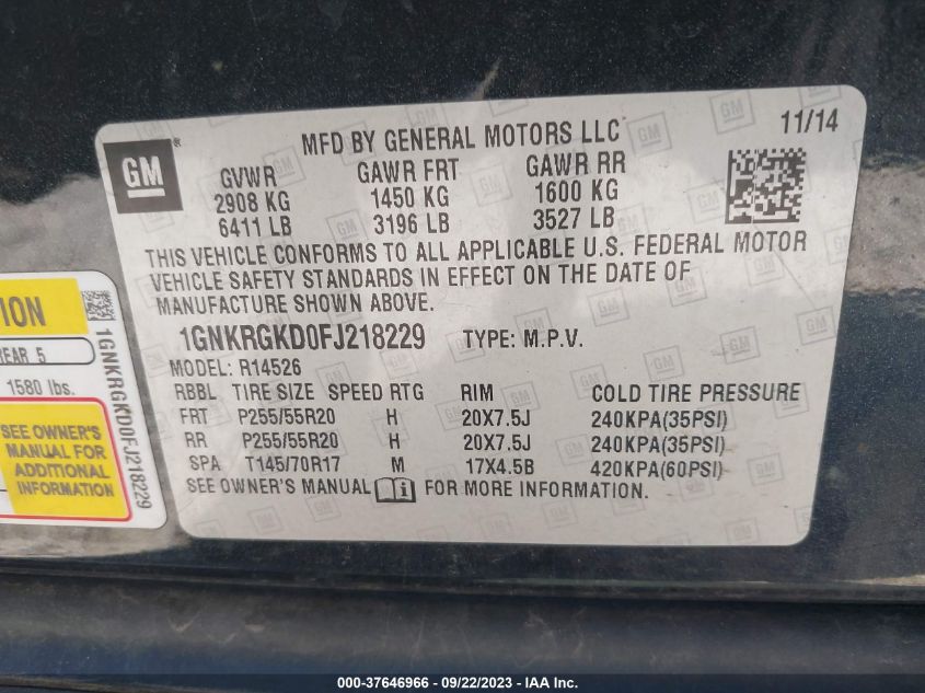 2015 CHEVROLET TRAVERSE LT - 1GNKRGKD0FJ218229