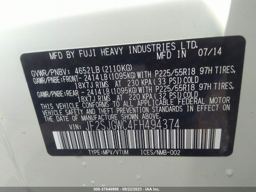 2015 SUBARU FORESTER 2.0XT TOURING - JF2SJGWC4FH494374