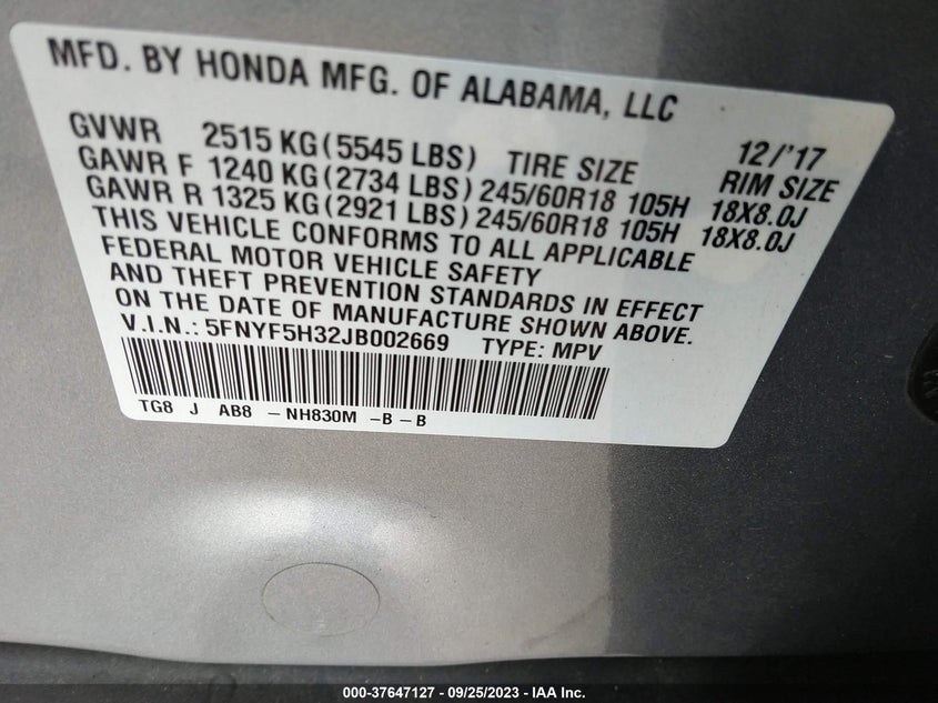 VIN 5FNYF5H32JB002669 2018 HONDA PILOT EX