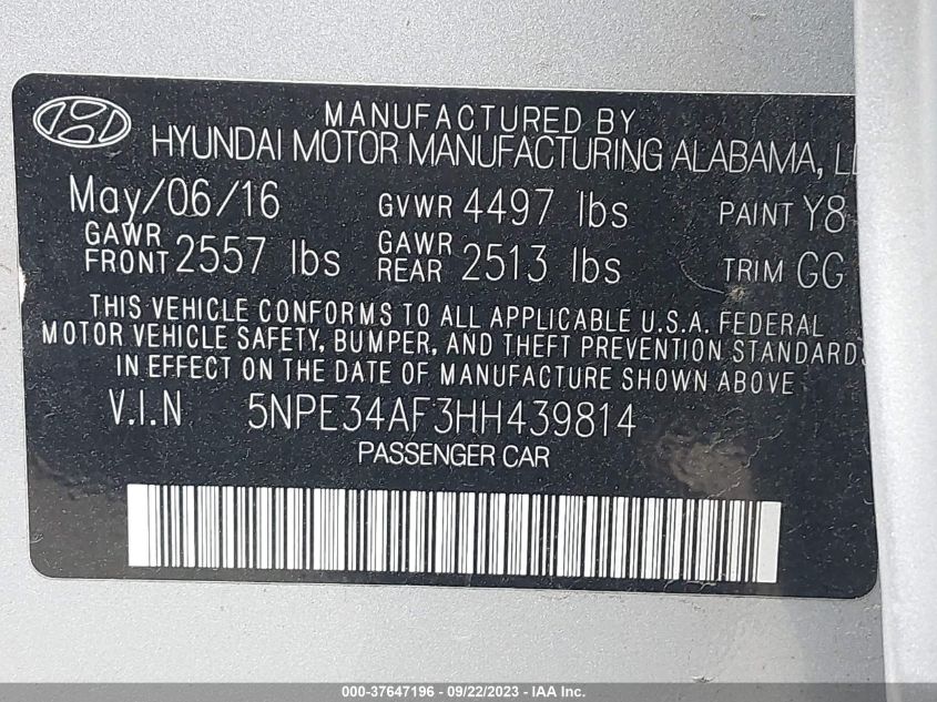 2017 HYUNDAI SONATA SPORT - 5NPE34AF3HH439814