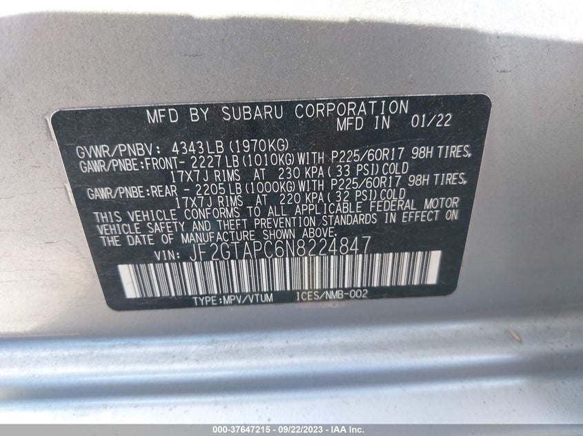 VIN JF2GTAPC6N8224847 2022 SUBARU CROSSTREK PREMIUM