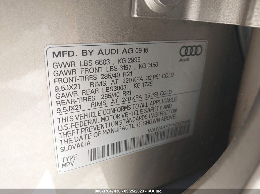 WA1VAAF77HD031449 2017 AUDI Q7, photo no. 9