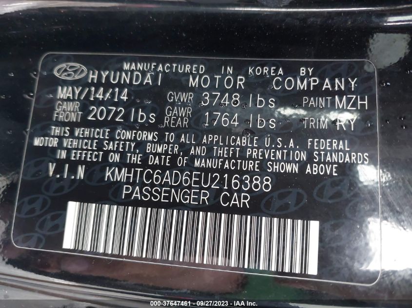 2014 HYUNDAI VELOSTER - KMHTC6AD6EU216388
