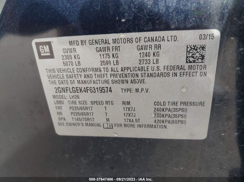 2015 CHEVROLET EQUINOX LT - 2GNFLGEK4F6319574