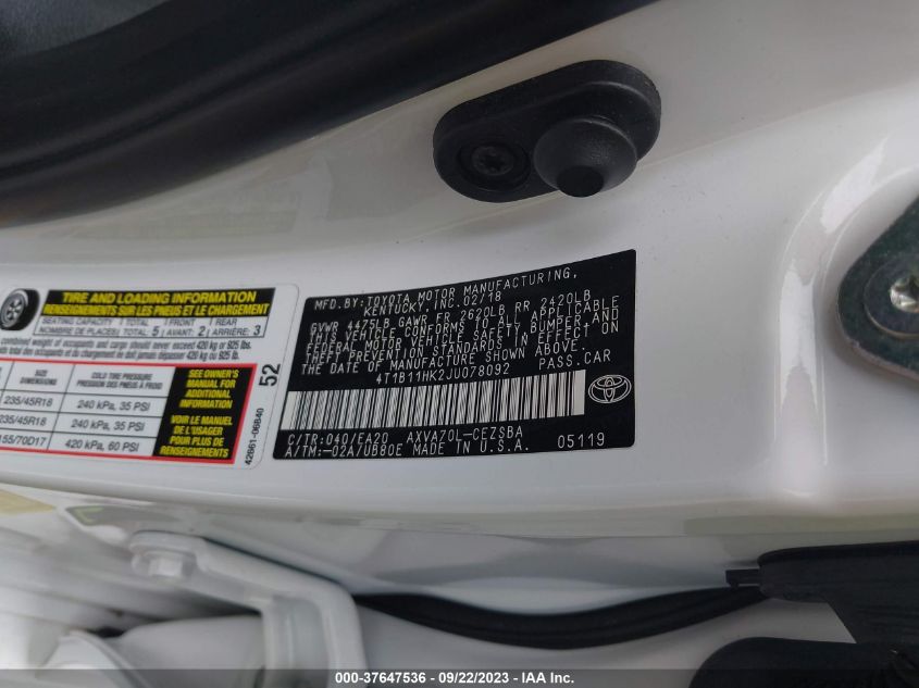 2018 TOYOTA CAMRY SE - 4T1B11HK2JU078092