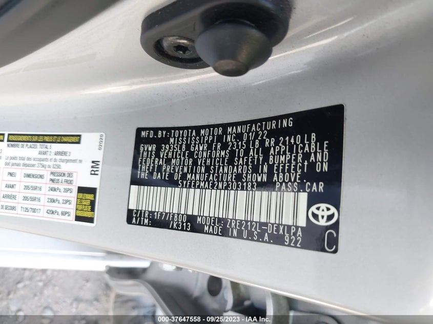 VIN 5YFEPMAE2NP303183 2022 TOYOTA COROLLA LE