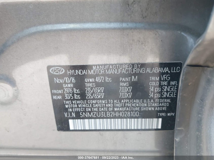 VIN 5NMZU3LB2HH028100 2017 HYUNDAI SANTA FE SPORT 2.4L
