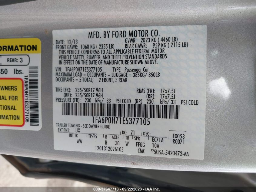 2014 FORD FUSION SE - 1FA6P0H71E5377105