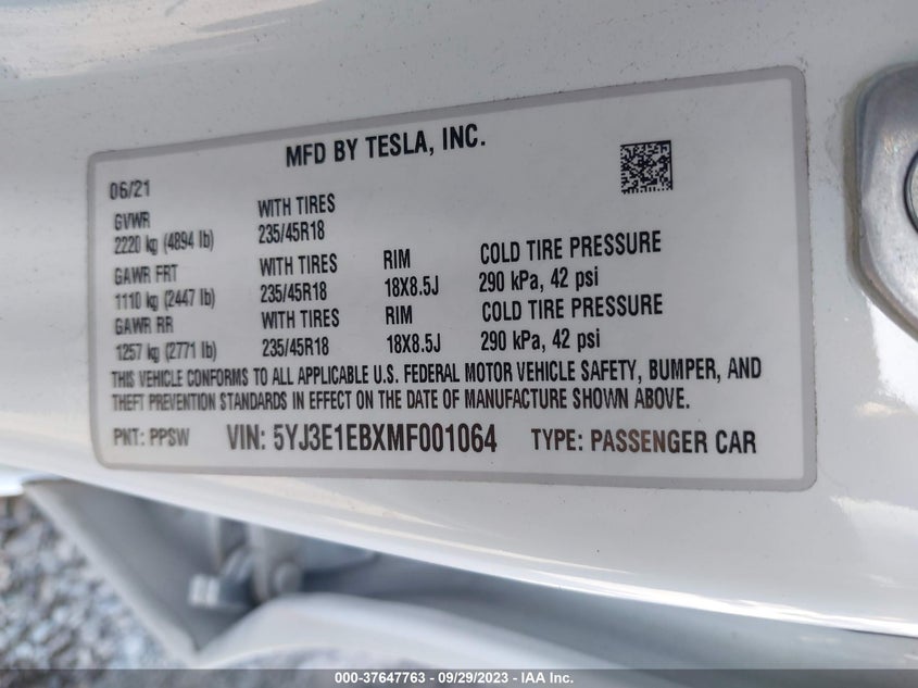 VIN 5YJ3E1EBXMF001064 2021 TESLA MODEL 3 LONG RANGE