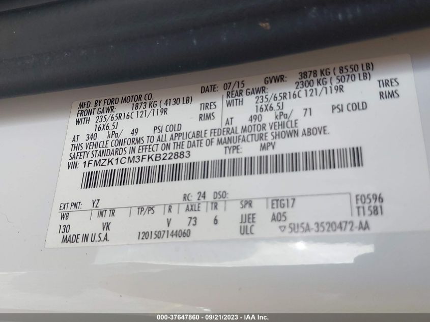 2015 FORD TRANSIT WAGON XL/XLT - 1FMZK1CM3FKB22883