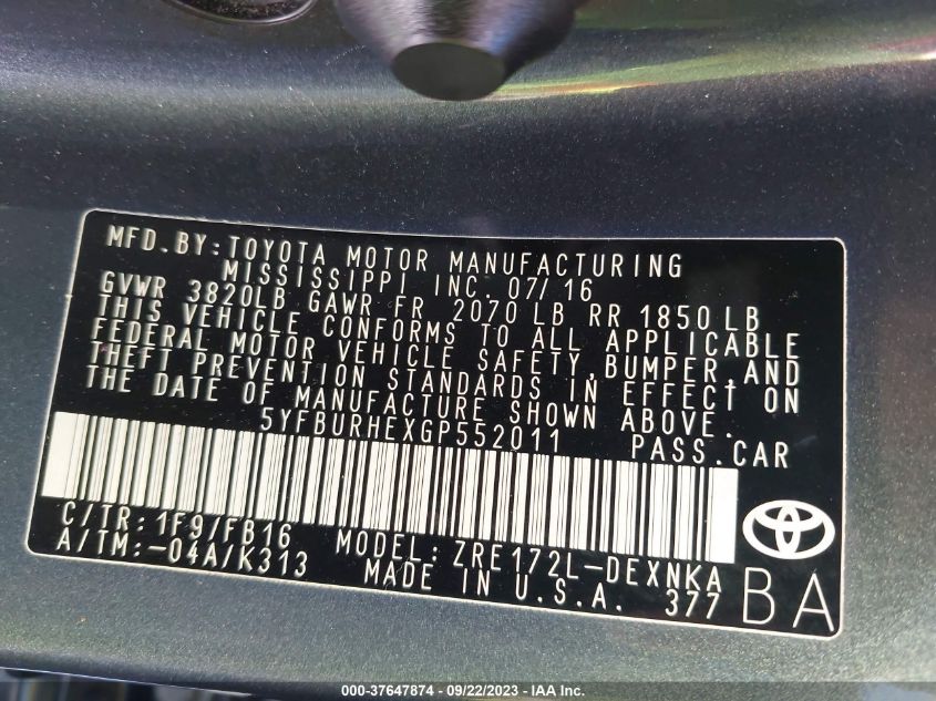 2016 TOYOTA COROLLA L/LE/LE PLS/PRM/S/S PLS - 5YFBURHEXGP552011