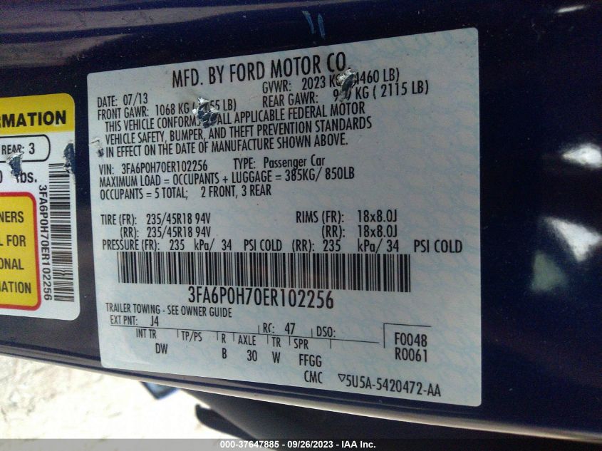 2014 FORD FUSION SE - 3FA6P0H70ER102256