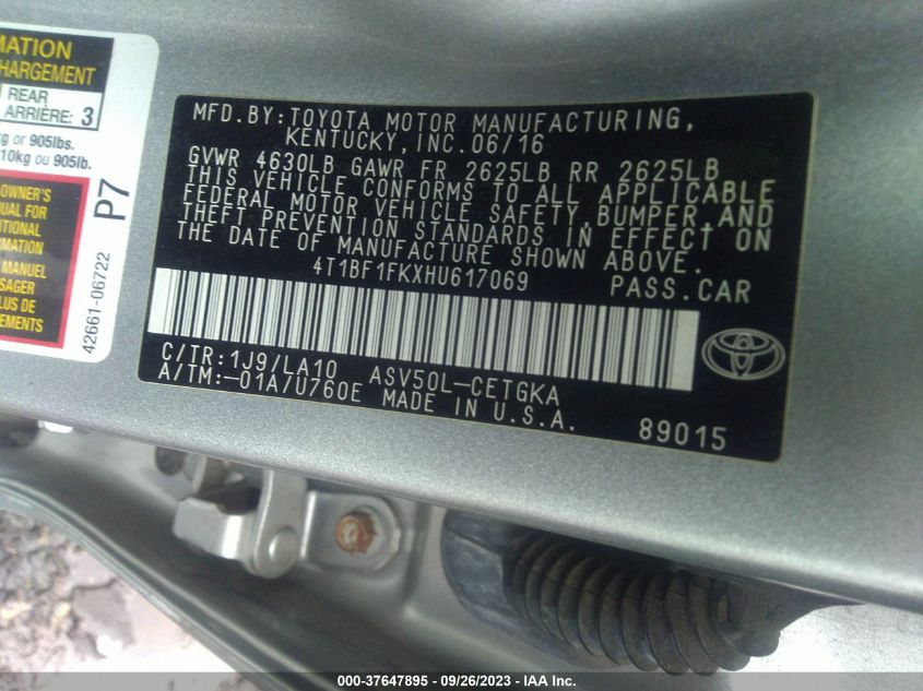 2017 TOYOTA CAMRY XLE/SE/LE/XSE - 4T1BF1FKXHU617069