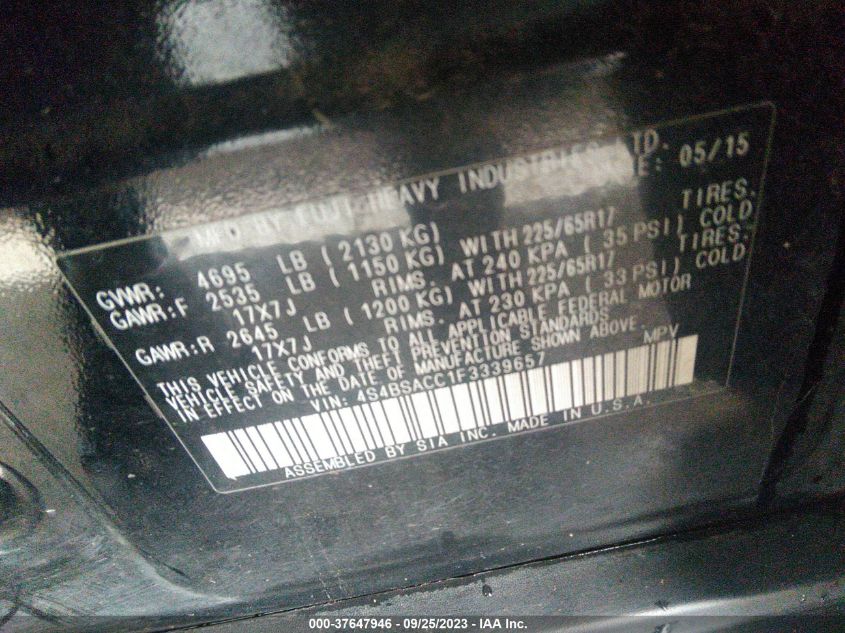 2015 SUBARU OUTBACK 2.5I PREMIUM - 4S4BSACC1F3339657