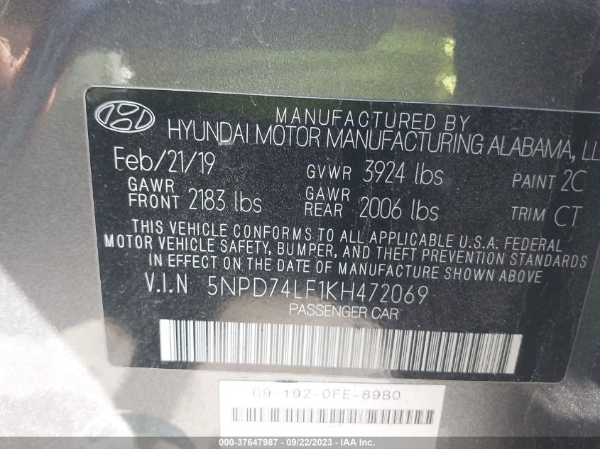 2019 HYUNDAI ELANTRA SE - 5NPD74LF1KH472069
