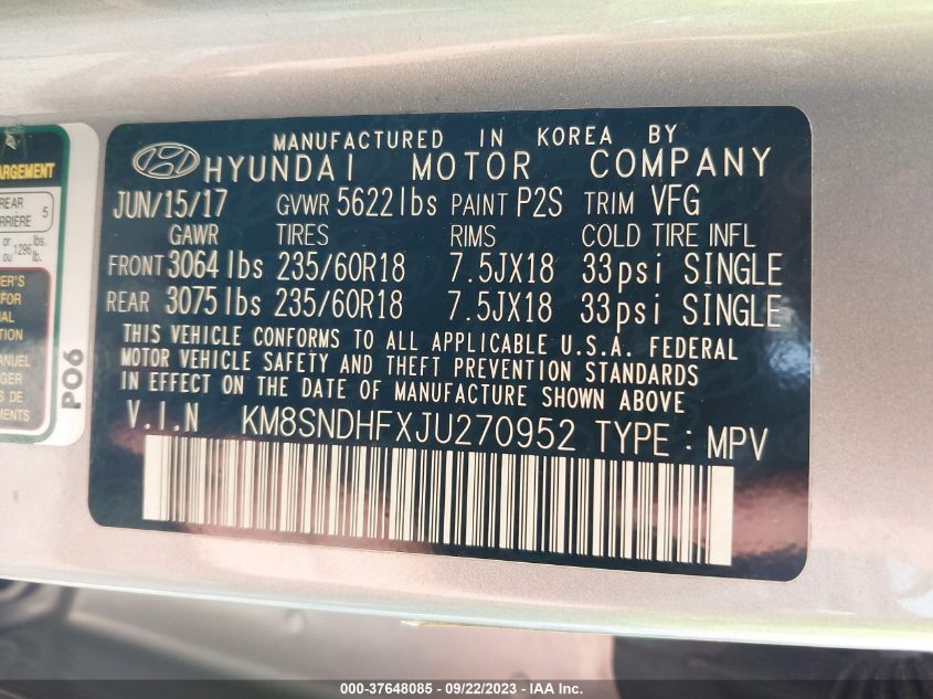 2018 HYUNDAI SANTA FE SE - KM8SNDHFXJU270952