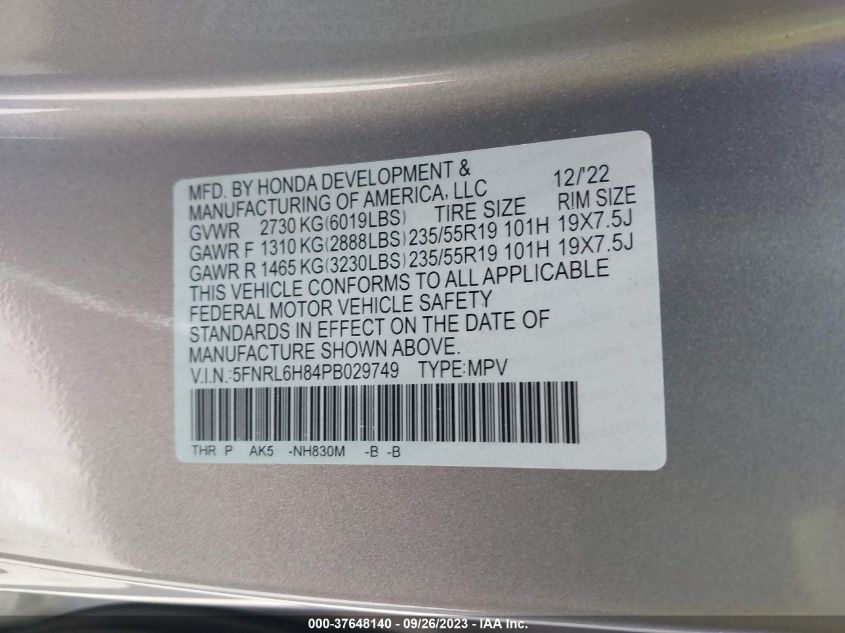 5FNRL6H84PB029749 Honda Odyssey TOURING 9