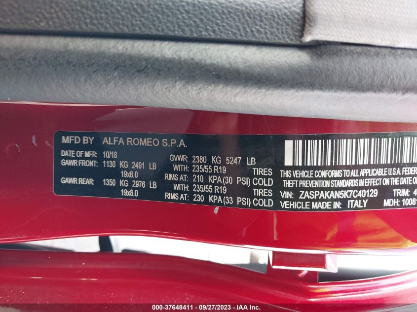2019 ALFA ROMEO STELVIO SPORT - ZASPAKAN5K7C40129