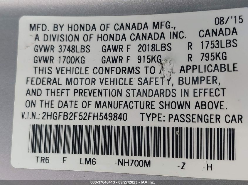 2015 HONDA CIVIC SEDAN LX - 2HGFB2F52FH549840