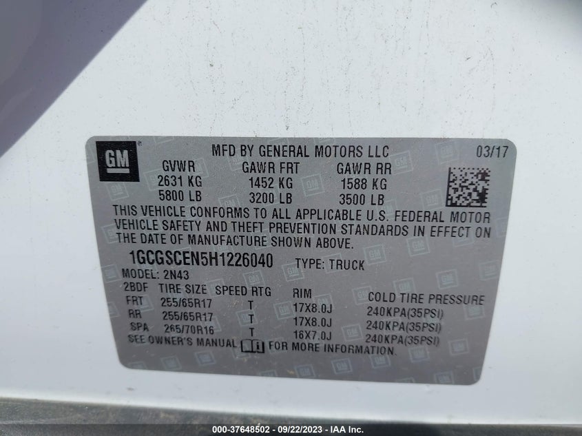 VIN 1GCGSCEN5H1226040 2017 CHEVROLET COLORADO 2WD LT