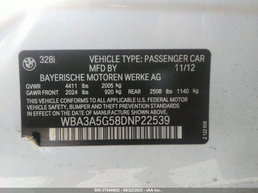 2013 BMW 3 SERIES 328I - WBA3A5G58DNP22539
