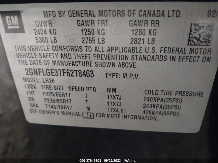 2015 CHEVROLET EQUINOX LT - 2GNFLGE37F6278463