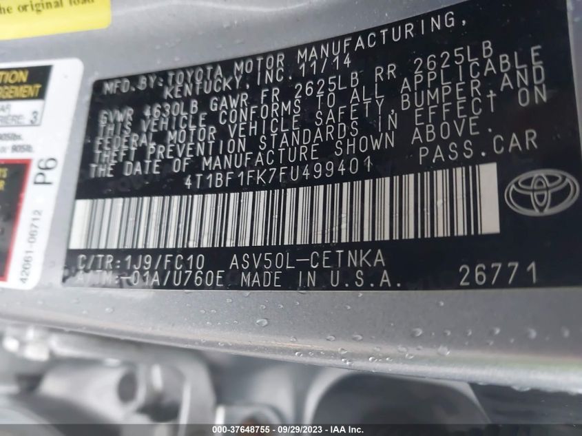 2015 TOYOTA CAMRY XLE/SE/LE/XSE - 4T1BF1FK7FU499401