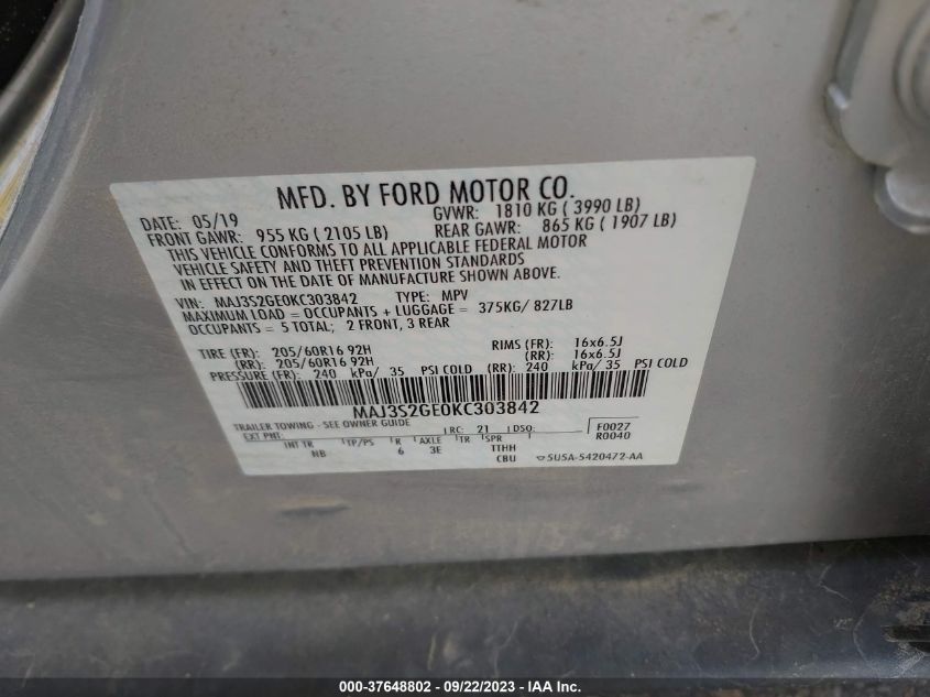 2019 FORD ECOSPORT SE MAJ3S2GE0KC303842