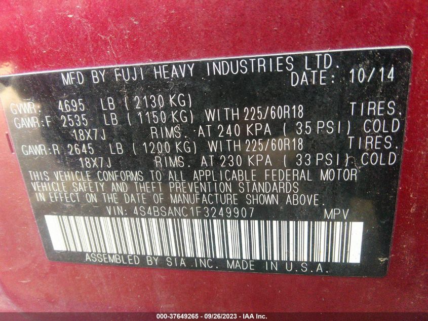 2015 SUBARU OUTBACK 2.5I LIMITED - 4S4BSANC1F3249907