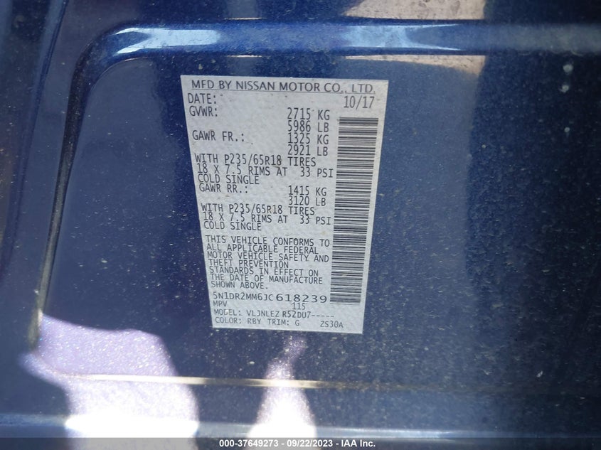 VIN 5N1DR2MM6JC618239 2018 NISSAN PATHFINDER S/SV/SL/PLATINUM