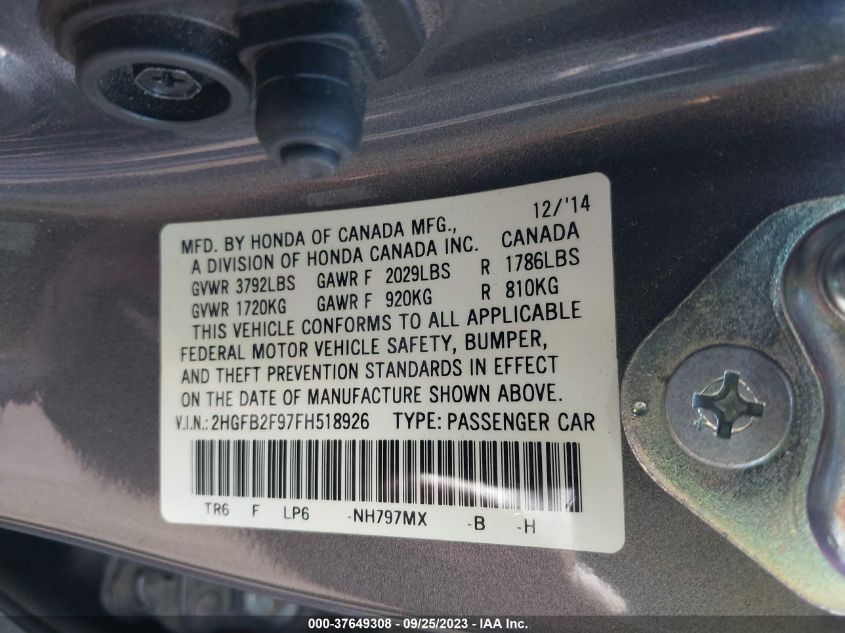 2015 HONDA CIVIC SEDAN EX-L - 2HGFB2F97FH518926