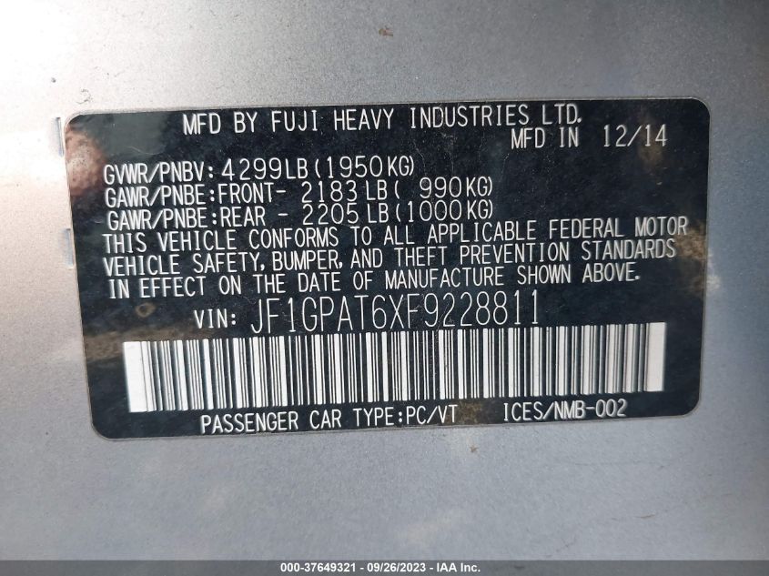 2015 SUBARU IMPREZA WAGON 2.0I SPORT PREMIUM - JF1GPAT6XF9228811