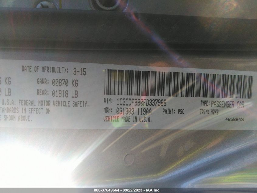 2015 DODGE DART SXT - 1C3CDFBB0FD337986