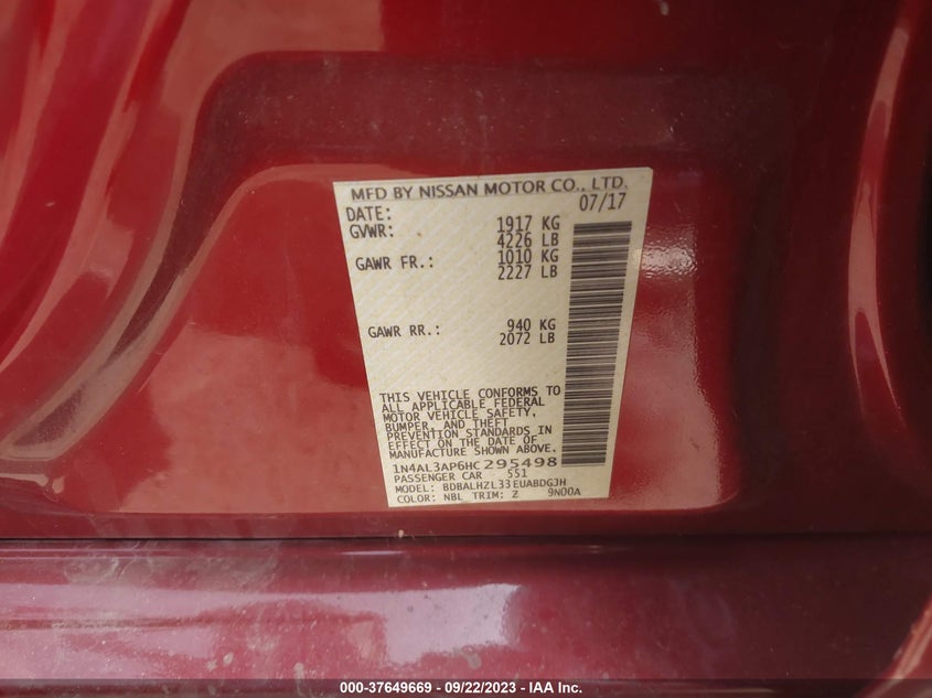 VIN 1N4AL3AP6HC295498 2017 NISSAN ALTIMA 2.5 SR