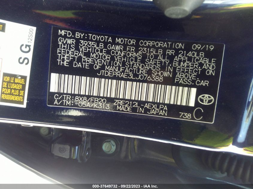 2020 TOYOTA COROLLA LE - JTDEPRAE3LJ076388