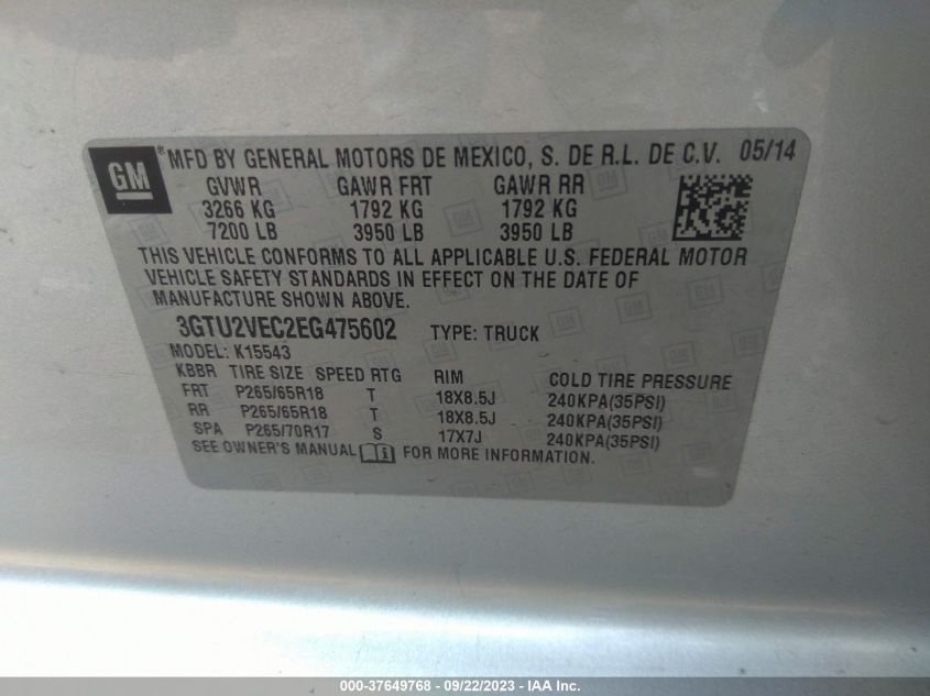 2014 GMC SIERRA 1500 K1500 SLT - 3GTU2VEC2EG475602