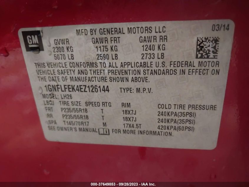2014 CHEVROLET EQUINOX LT - 1GNFLFEK4EZ126144