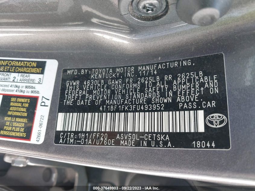 2015 TOYOTA CAMRY XLE/SE/LE/XSE - 4T1BF1FK3FU493952