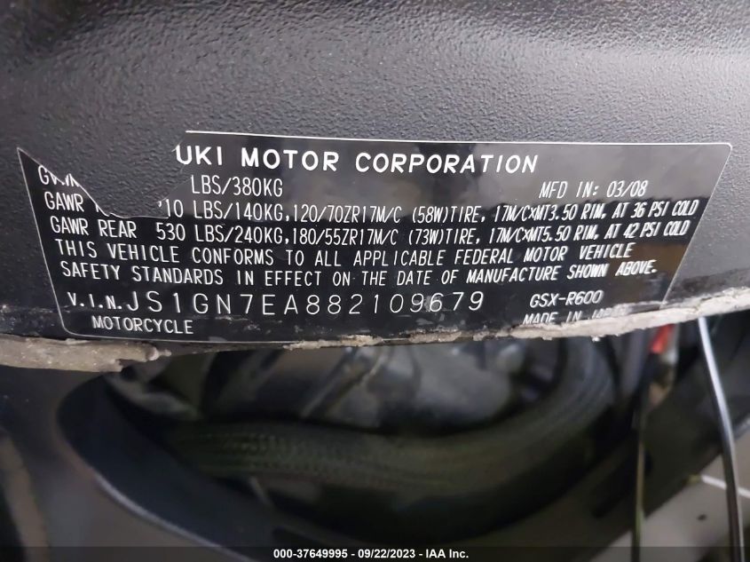 2008 SUZUKI GSX-R600 - JS1GN7EA882109679