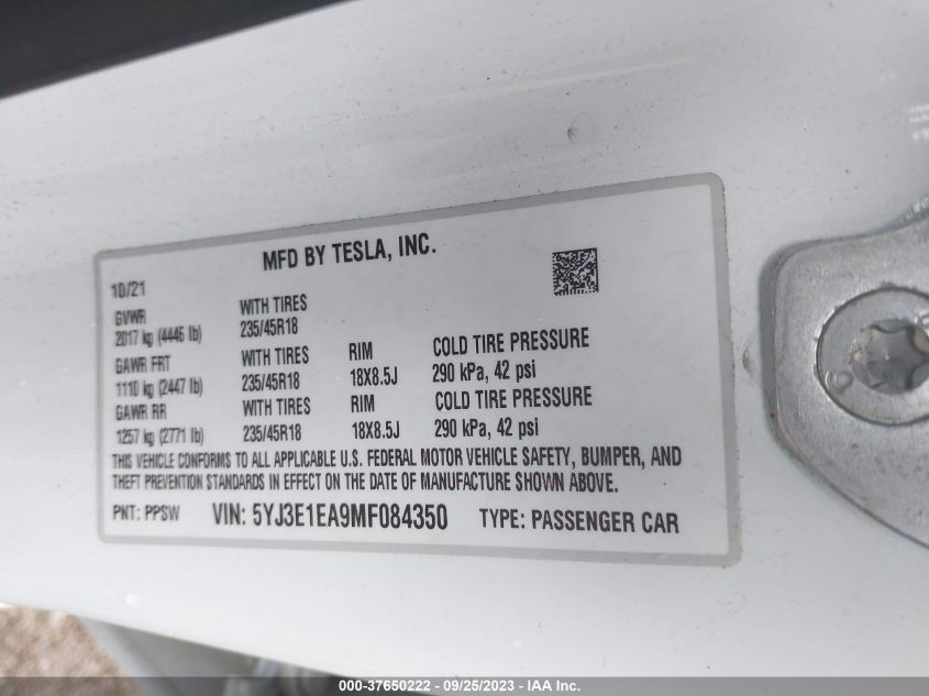 2021 TESLA MODEL 3 STANDARD RANGE PLUS - 5YJ3E1EA9MF084350