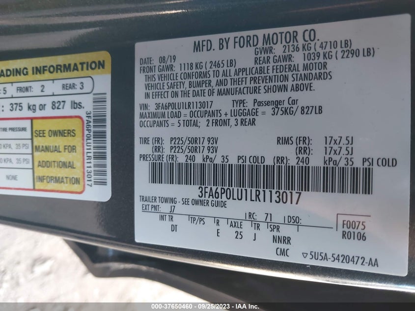VIN 3FA6P0LU1LR113017 2020 FORD FUSION HYBRID SE