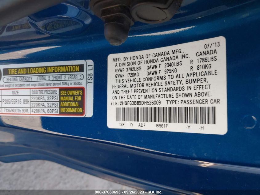 2013 HONDA CIVIC CPE EX 2HGFG3B89DH526009
