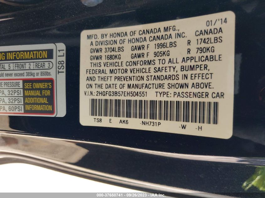 2014 HONDA CIVIC COUPE LX 2HGFG3B57EH504551